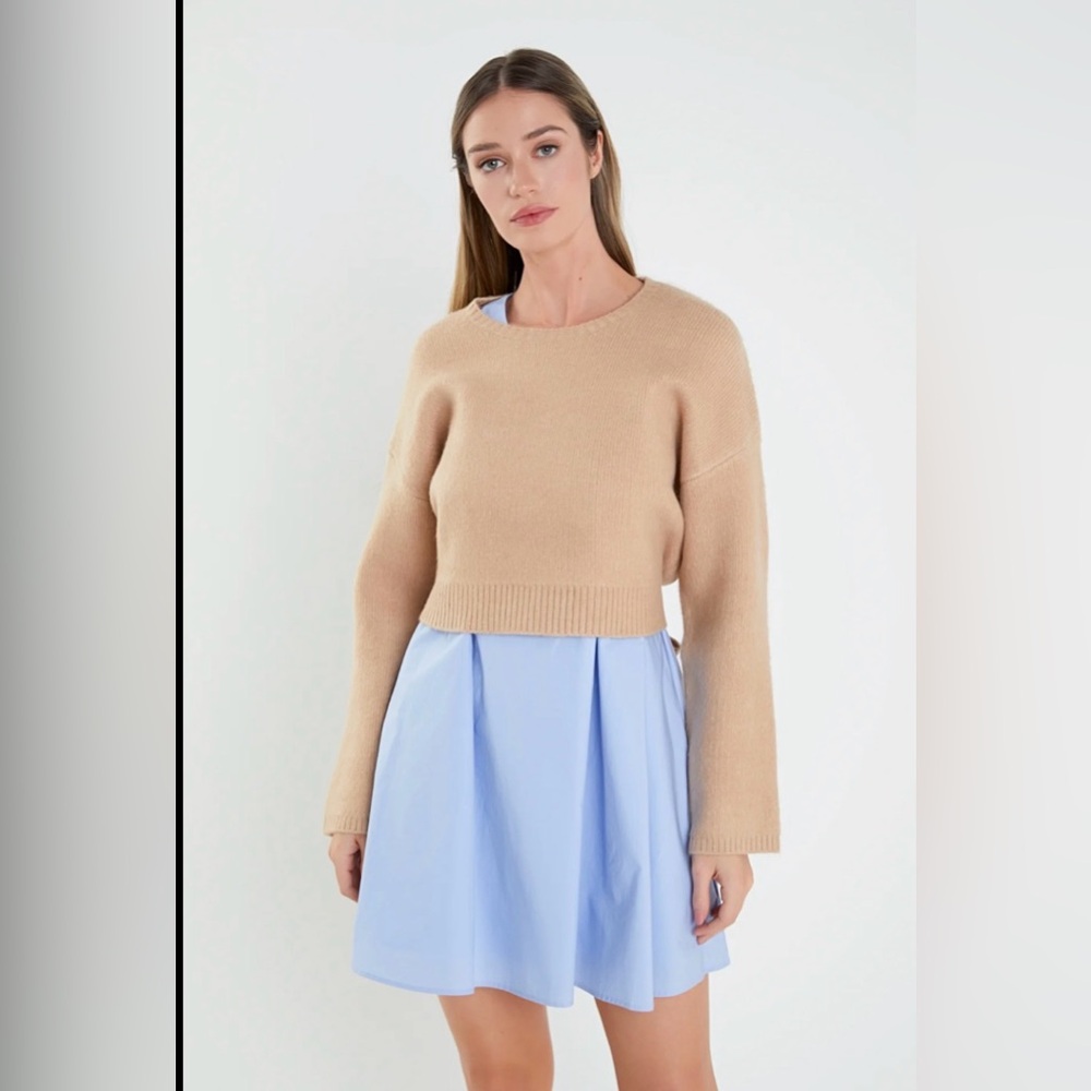 English Factory Tan Sweater with Blue Dress